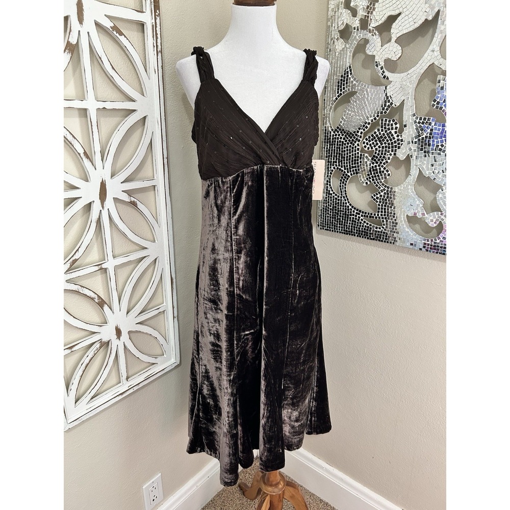 Bandolino Size 6 Whimsigoth Brown Velvet & Sequin Chiffon Midi Dress NWT